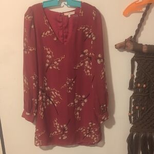 Lavender Brown V-Neck Long Bell Sleeve Vibrant Red Dress